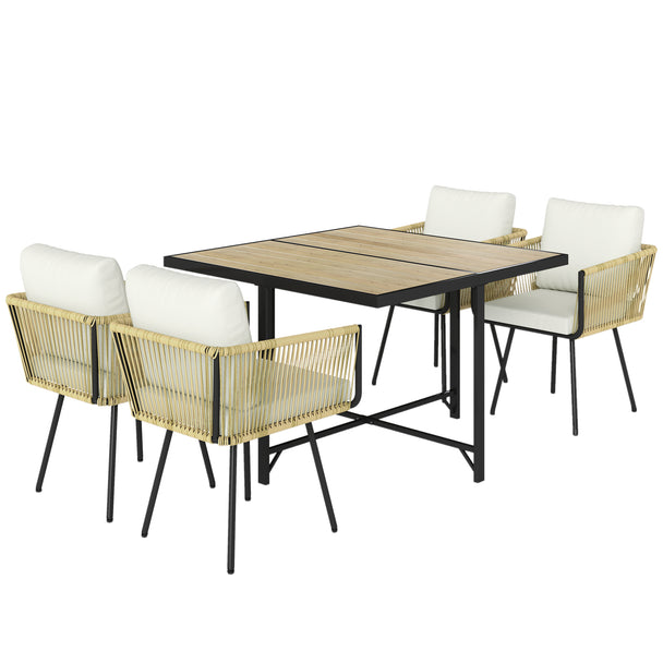 Beige 5-piece rattan garden dining set with square wood-effect table and four cushioned armchairs