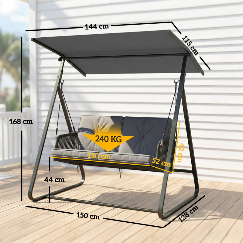 Outsunny 2-Seater Rattan Swing Chair, Outdoor Garden Hanging Swing Seat with Stand, Adjustable Canopy and Soft Cushions – view 3