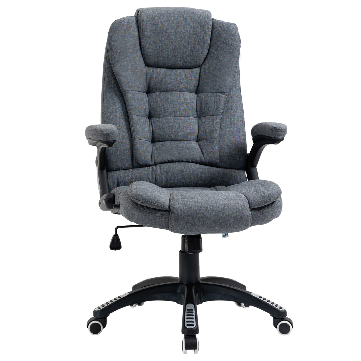 Dark grey linen-feel reclining office chair with padded armrests, high back and five-wheel swivel base