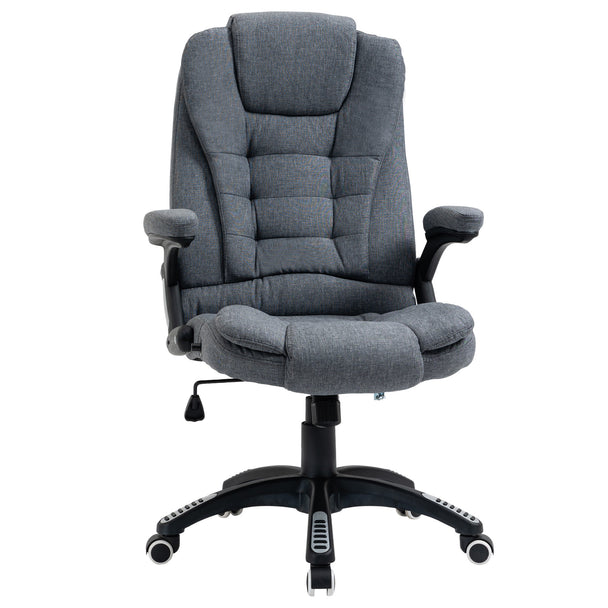 Dark grey linen-feel reclining office chair with padded armrests, high back and five-wheel swivel base