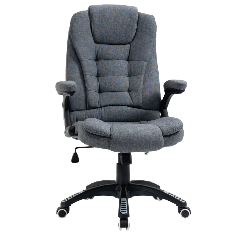Dark grey linen-feel reclining office chair with padded armrests, high back and five-wheel swivel base