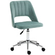 Green velvet-feel armless desk chair with scalloped back on a five-wheel swivel base