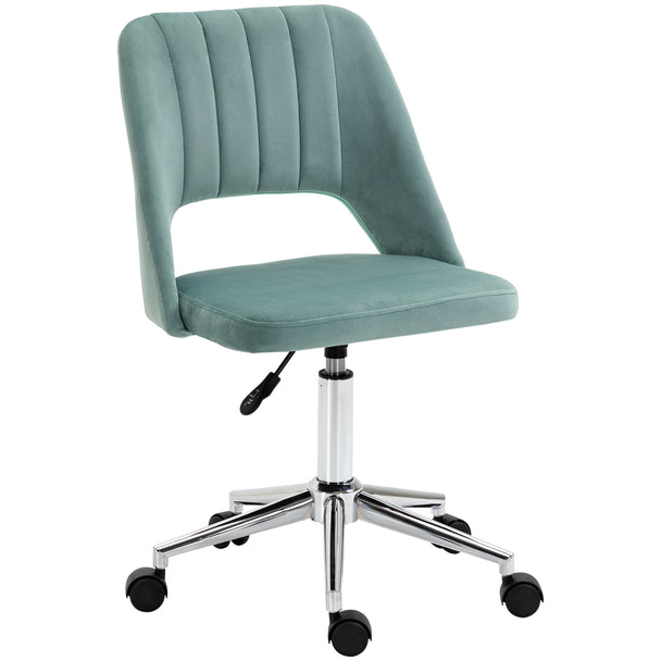 Green velvet-feel armless desk chair with scalloped back on a five-wheel swivel base