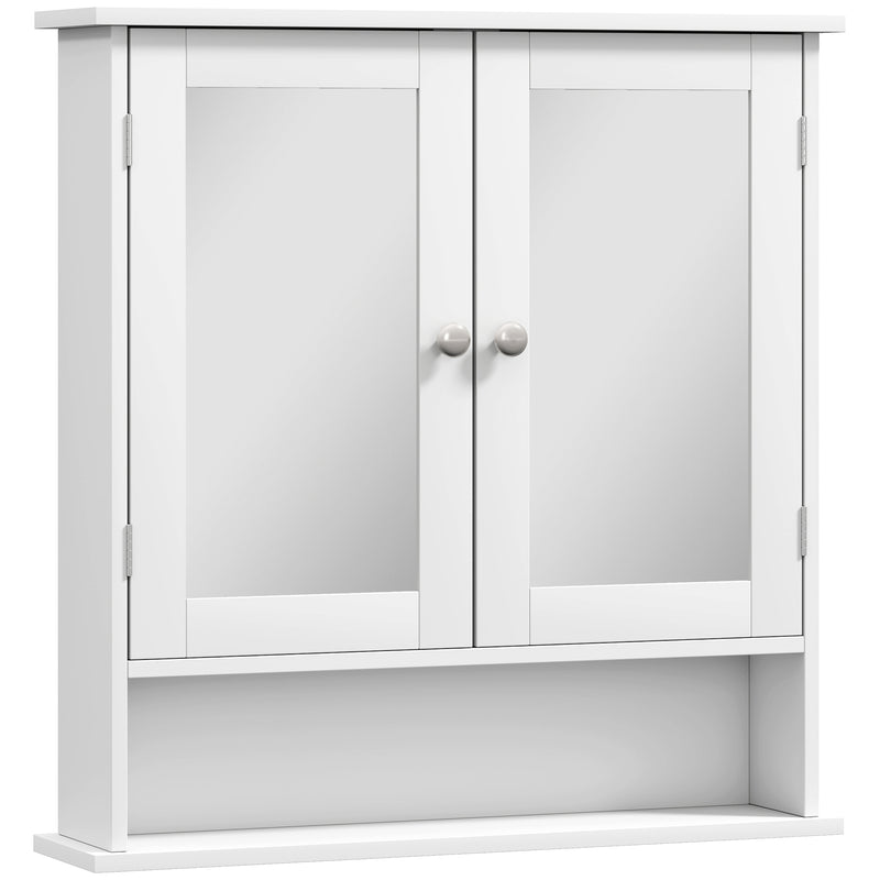 White wall-mounted bathroom cabinet with two mirrored doors and open lower shelf