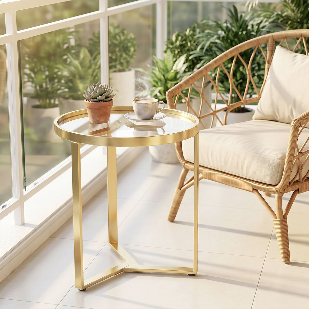 Round Side Table with Tempered Glass Top and Geometric Metal Frame for Small Space, Gold Tone