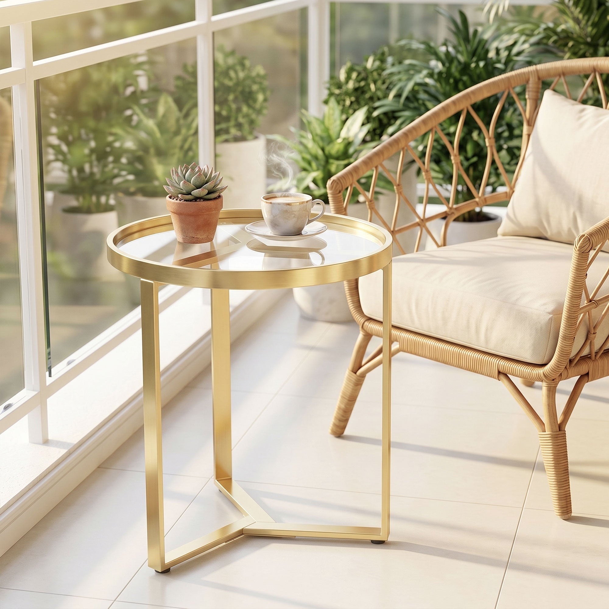 Round Side Table with Tempered Glass Top and Geometric Metal Frame for Small Space, Gold Tone