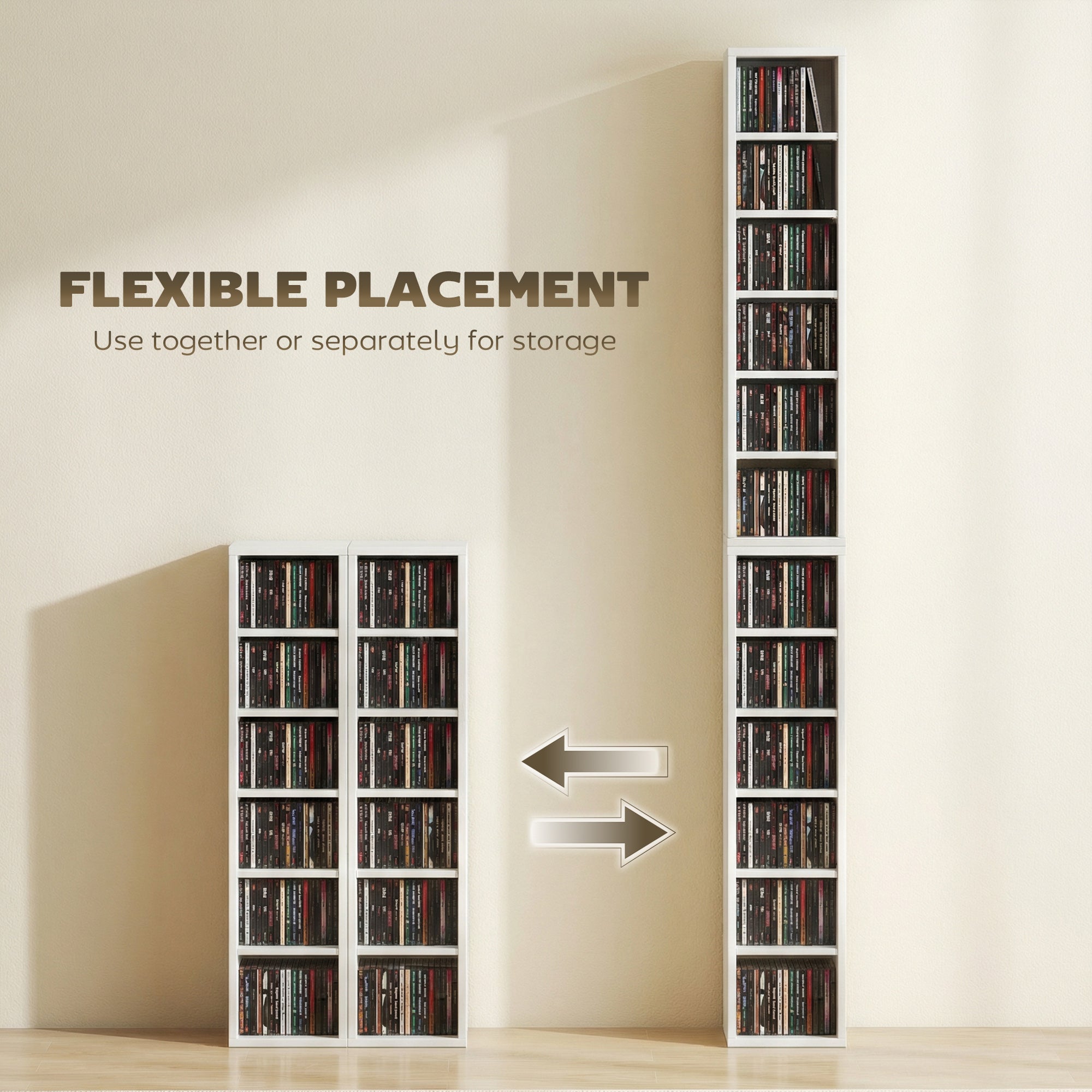 Set of 2 CD Media Display Shelf Unit Tower Rack with Adjustable Shelves, High Gloss White