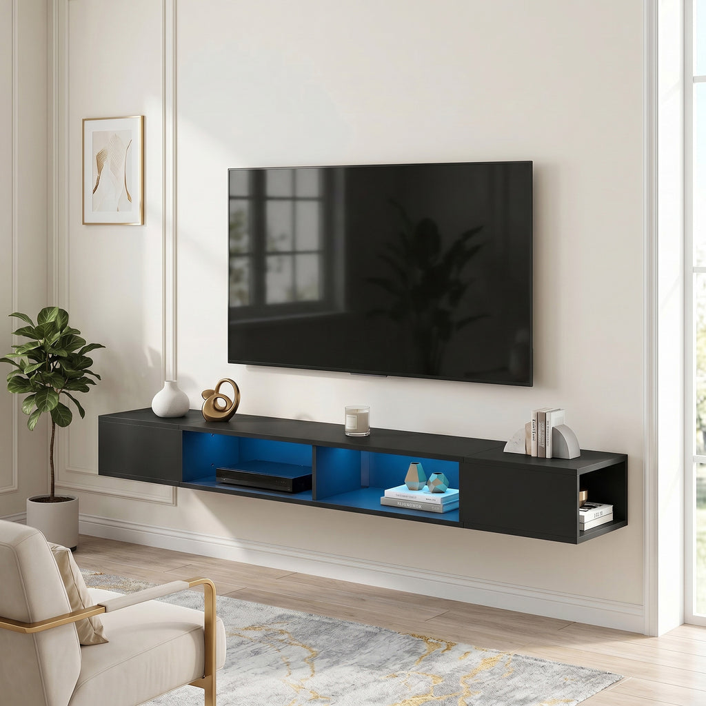 Wall Mounted TV Stand with RGB LED Lights, Floating Entertainment Centre for 75 Inch TV, Black