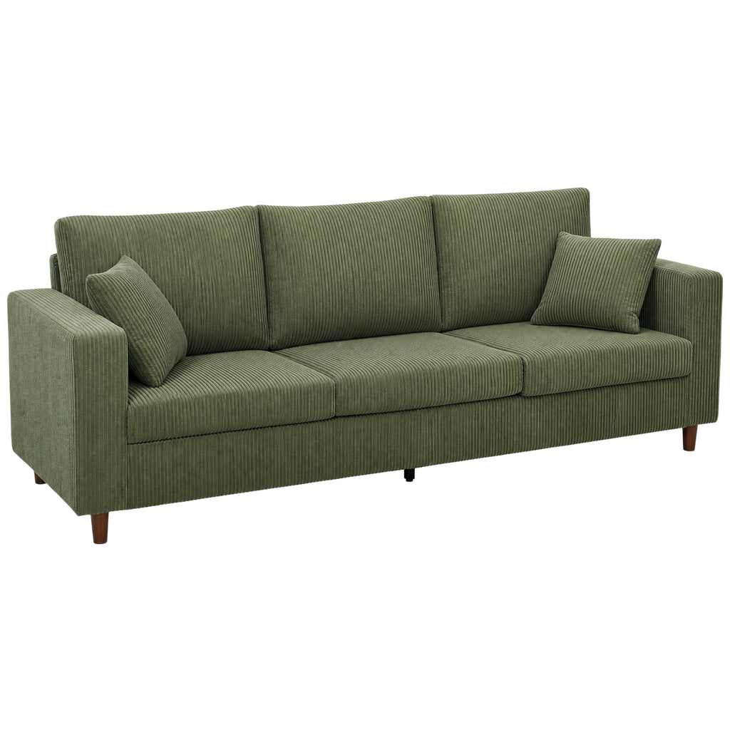 3 Seater Sofa with Wide Seat, Corduroy Fabric Couch with Deep Seat, Spring Cushion, Green
