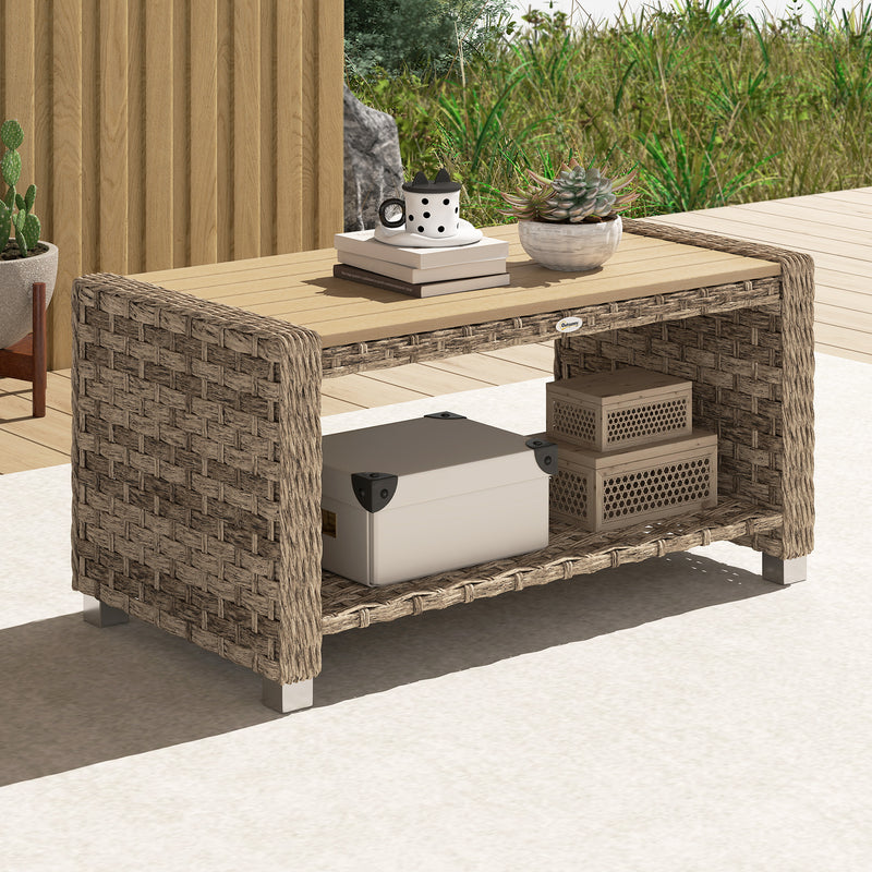 PE rattan coffee table with shelf light brown – image 10