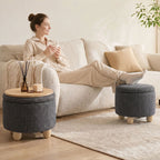 Storage Sitting Bench with Lid, Round Storage Ottoman with Rubberwood Legs, Dark Grey