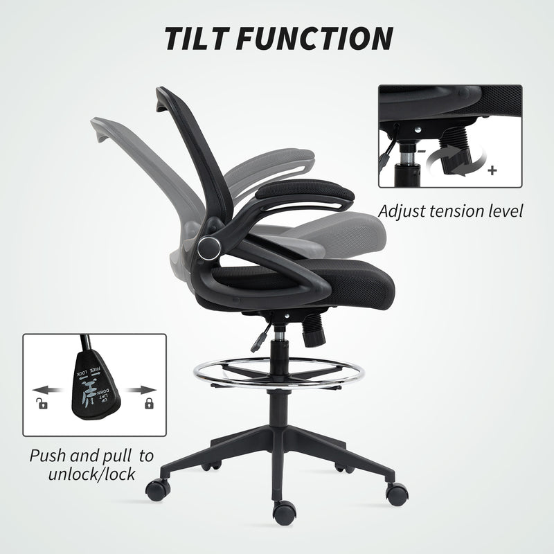 Vinsetto Drafting Chair with Flip-up Armrest, Mesh Office Stool with Foot Ring, 360 Degree Swivel Height Adjustable – view 6