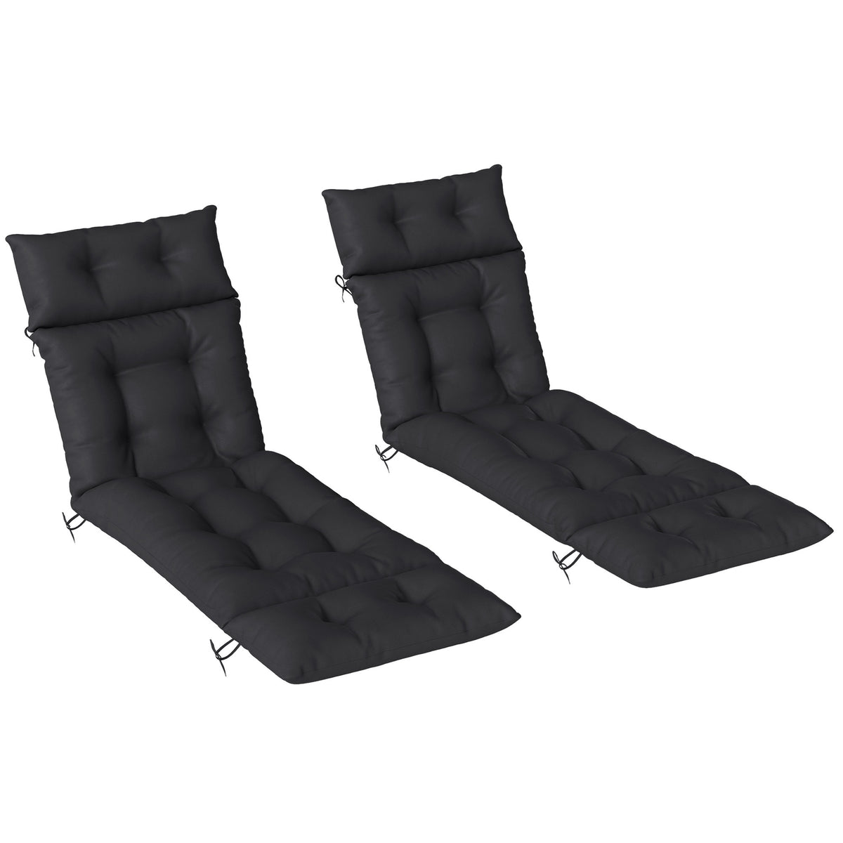 Two black 190 x 56 cm sun lounger cushions with ties on garden loungers