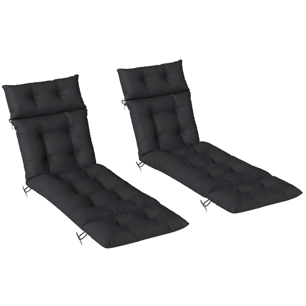 Two black 190 x 56 cm sun lounger cushions with ties on garden loungers