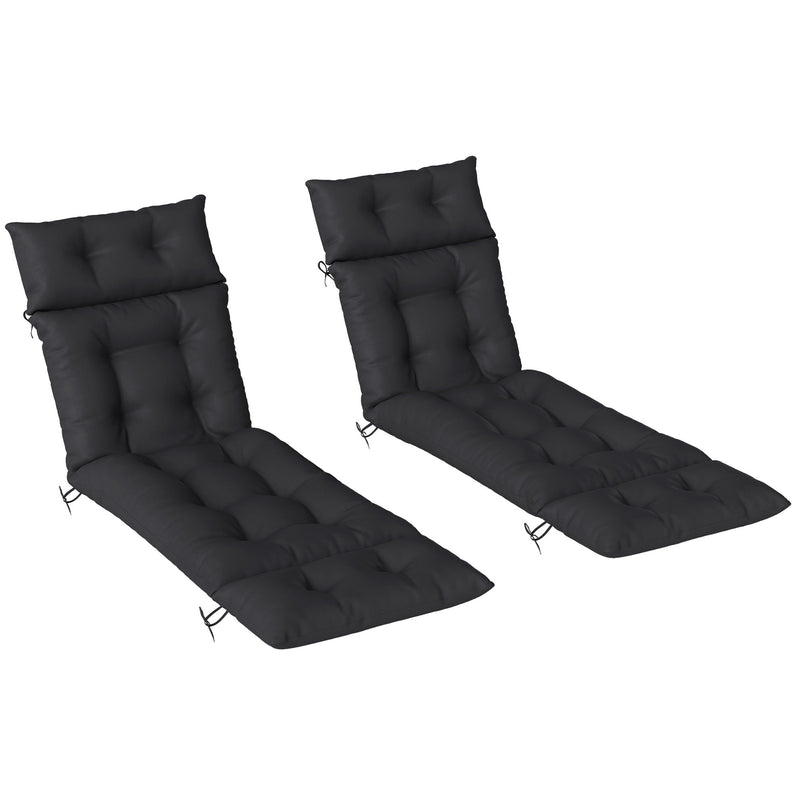 Two black 190 x 56 cm sun lounger cushions with ties on garden loungers