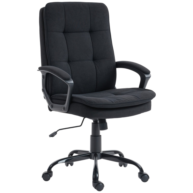 Black linen-look double-padded office chair with armrests, tilt and five-wheel swivel base
