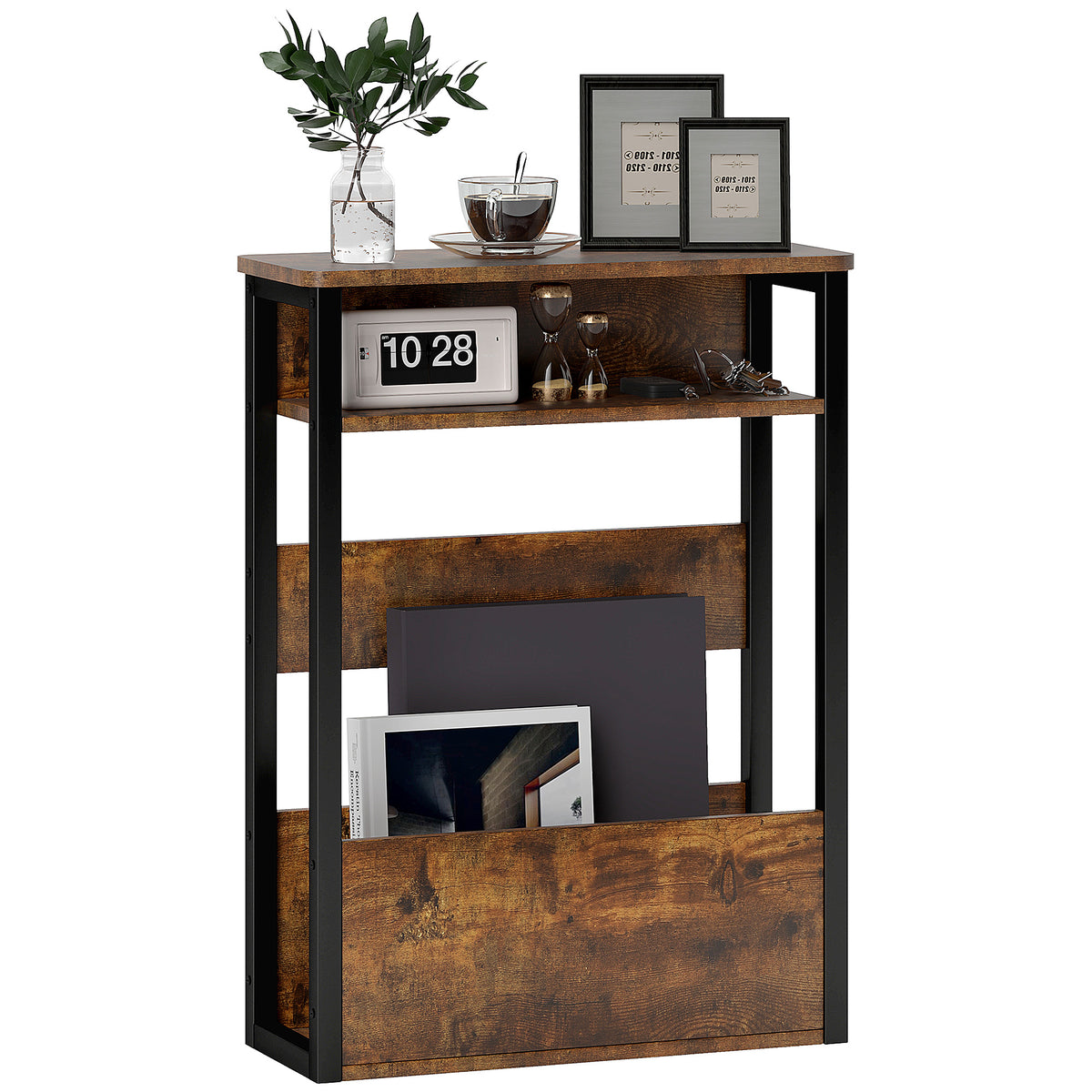 58.5 cm Slim Industrial Side Table with 2 Shelves – Rustic Brown