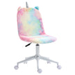 Rainbow fluffy unicorn armless desk chair with ears and silver-tone horn on a white five-wheel swivel base