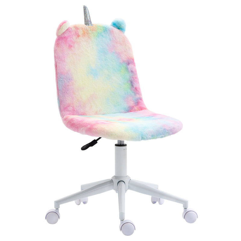 Rainbow fluffy unicorn armless desk chair with ears and silver-tone horn on a white five-wheel swivel base