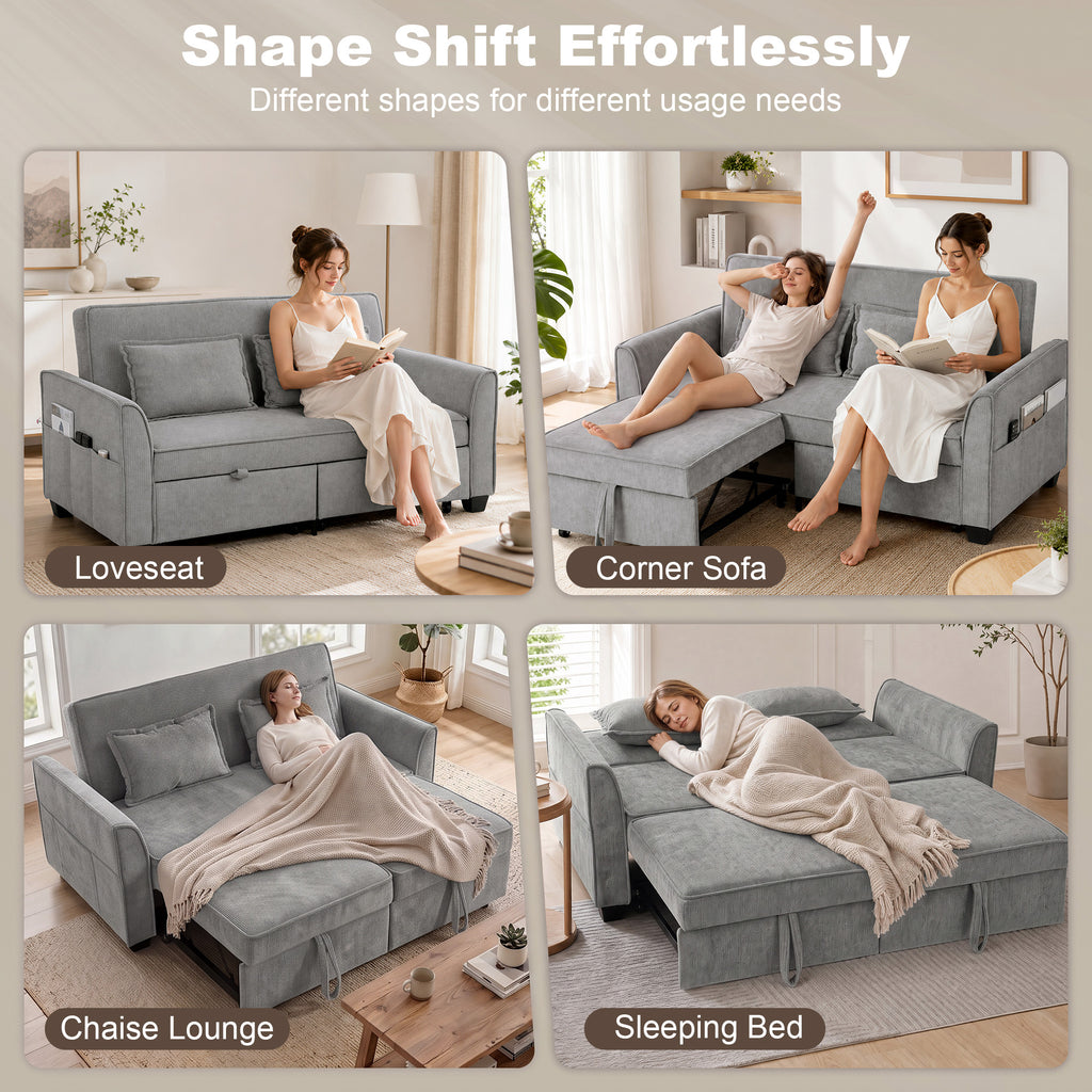 2 Seater Sofa Bed, 4-in-1 L-Shaped Convertible Pull-Out Sleeper Sofa with Adjustable Backrest and Side Pockets, Grey