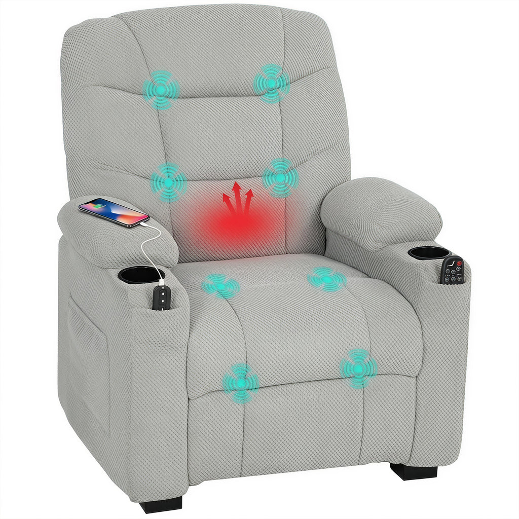 Electric Massage Recliner Armchair with Vibration, Heat, Whisper-Quiet Motor, Memory Function, Fleece Power Reclining Chair with Spring Pack, USB Port, Footrest, Side Pocket, Grey