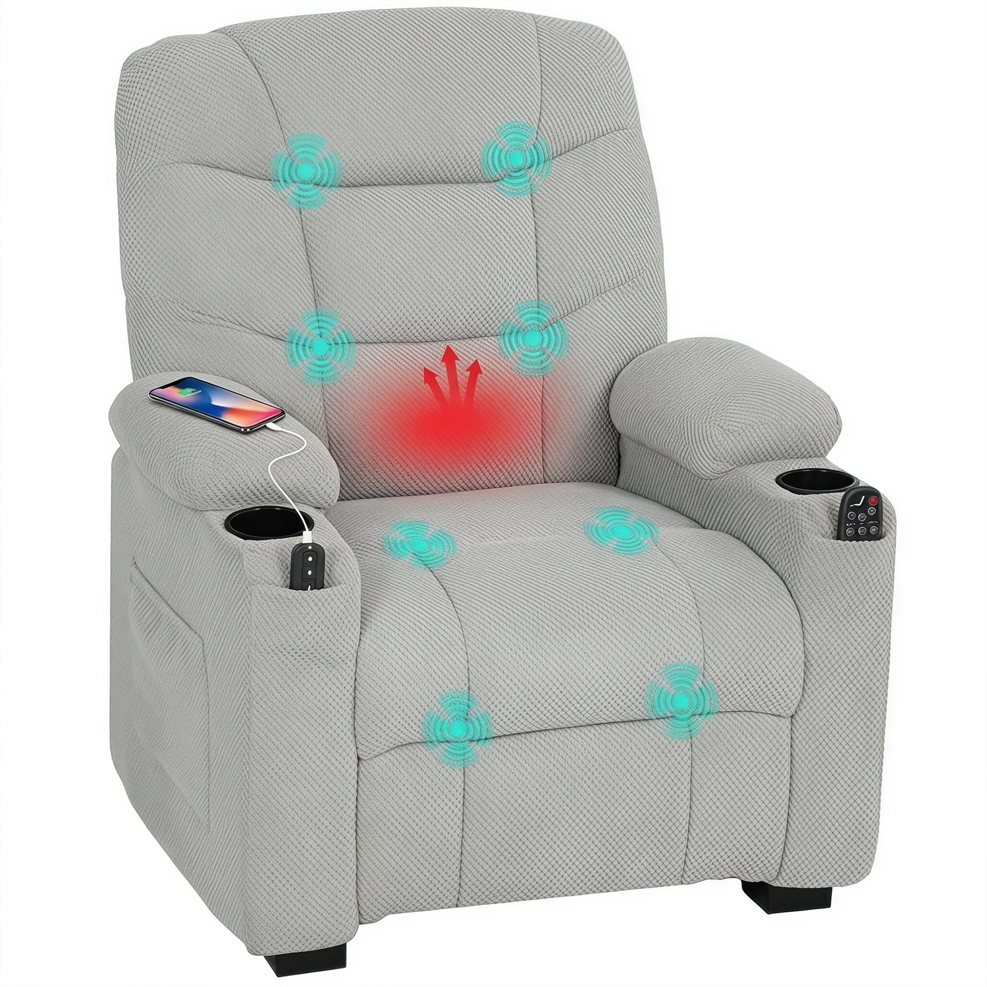 Electric Massage Recliner Armchair with Vibration, Heat, Whisper-Quiet Motor, Memory Function, Fleece Power Reclining Chair with Spring Pack, USB Port, Footrest, Side Pocket, Grey