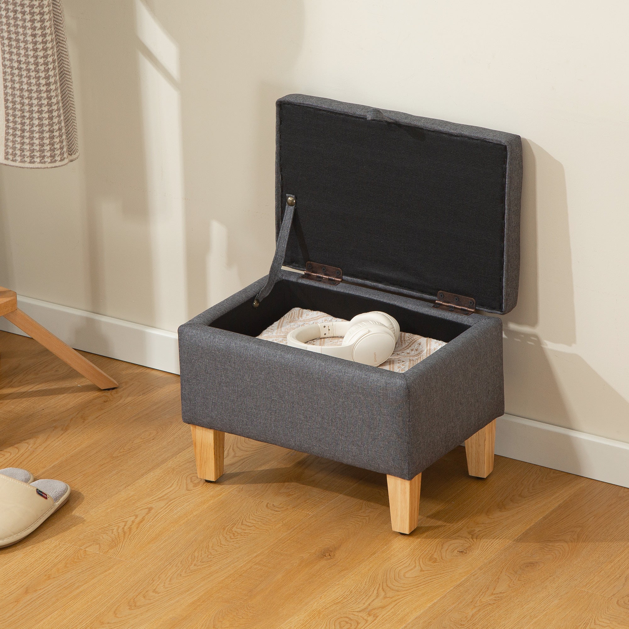 16L Linen Storage Ottoman Padded Footstool with Rubberwood Legs for Storage Box, Bed End, Shoe Bench, Seating, Charcoal Grey