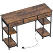 Rustic brown 120 cm computer desk with charging station, three fabric drawers and four shelves