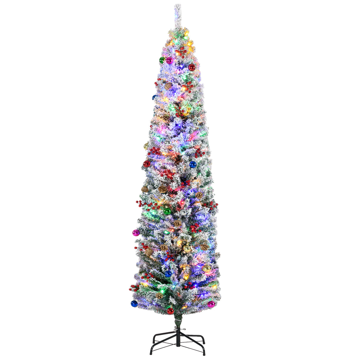 7ft pre-lit snow-flecked Christmas tree with colourful LEDs, berries, pine cones and baubles