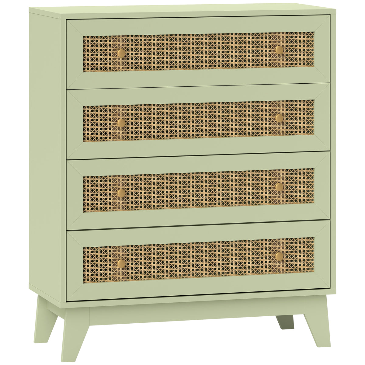 Light green chest of four drawers with rattan panels and tapered legs