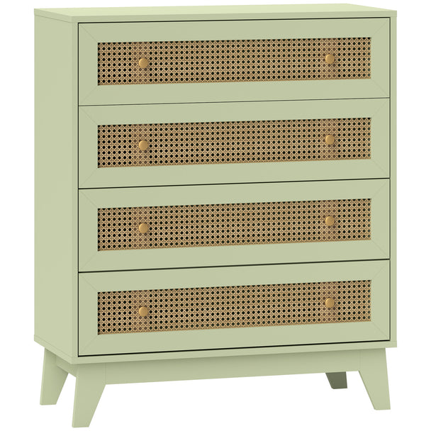 Light green chest of four drawers with rattan panels and tapered legs