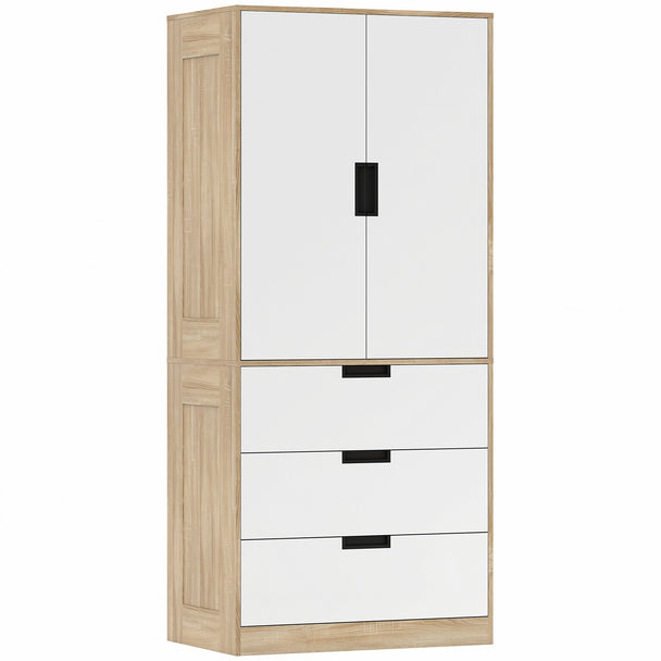 Modern double wardrobe with 3 drawers and hanging rail in oak and white
