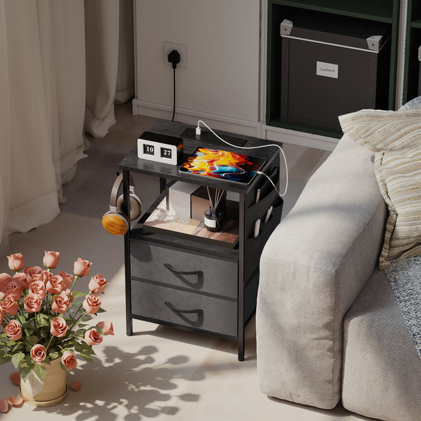 HOMCOM Bedside Table with Charging Station - Black – view 2