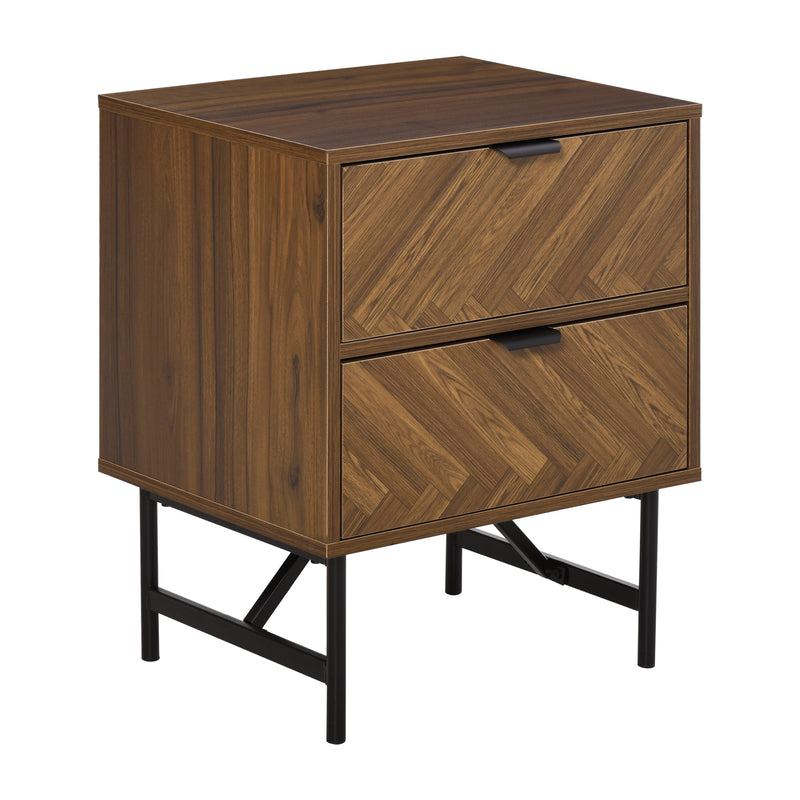 Walnut-effect bedside table with herringbone drawer fronts and black steel base