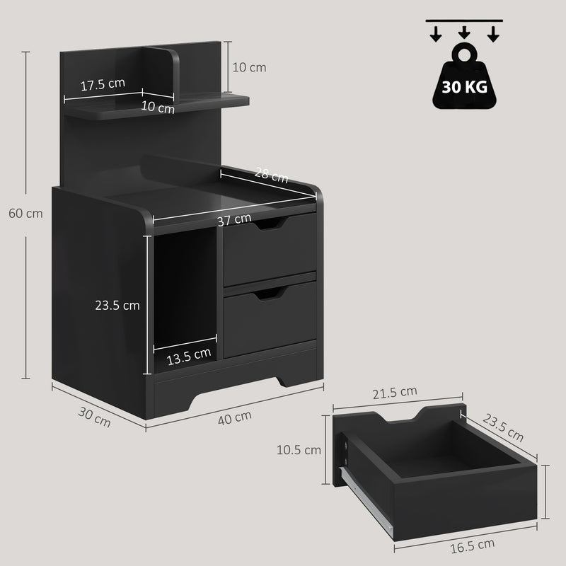 HOMCOM Bedside Table, Small Bedside Cabinet with 2 Drawers and Storage Shelves for Bedroom, Black Wood Effect – view 3