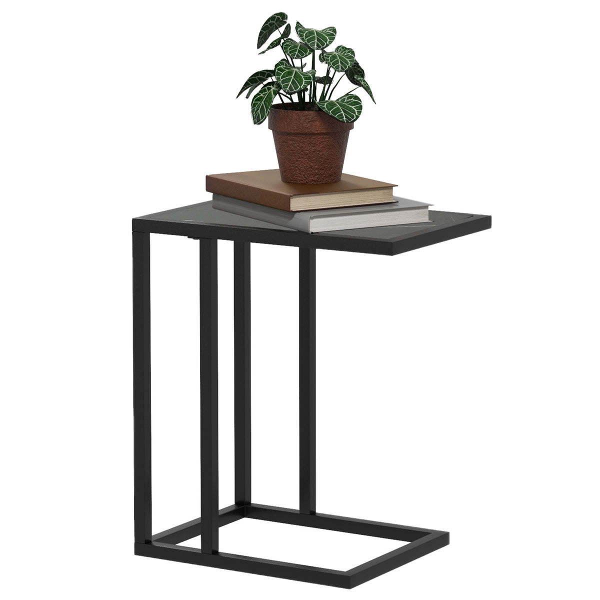 C-Shaped Side Table with Marble-Effect Top – Black
