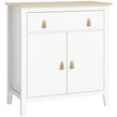 White farmhouse sideboard with oak-effect top, drawer, cupboard and faux leather handles