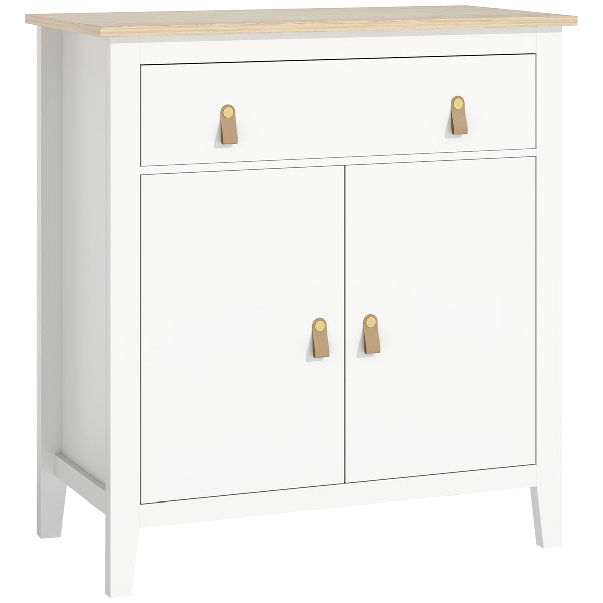 White farmhouse sideboard with oak-effect top, drawer, cupboard and faux leather handles