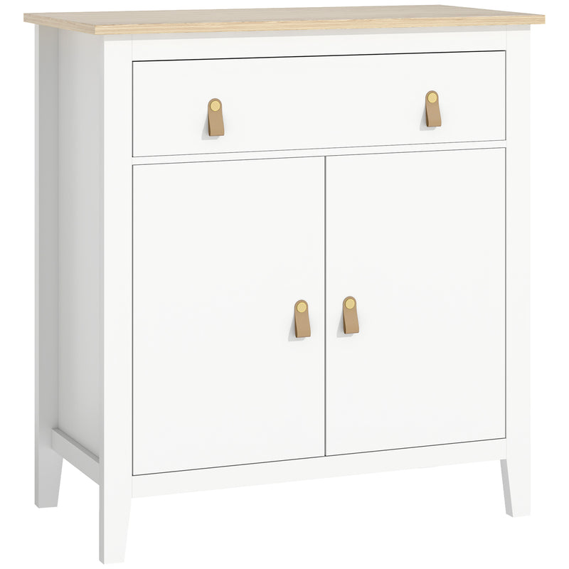 White farmhouse sideboard with oak-effect top, drawer, cupboard and faux leather handles