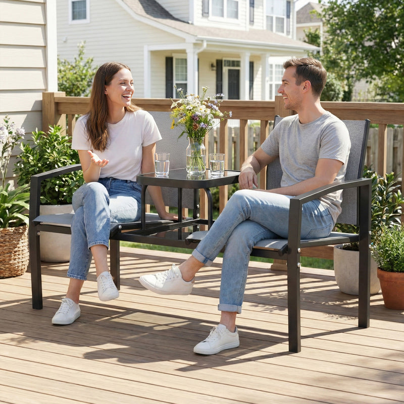 Outsunny Garden Love Seat, 2 Seater Jack and Jill Loveseat Companion Seat with 2-Tier Glass Table, Breathable – view 9