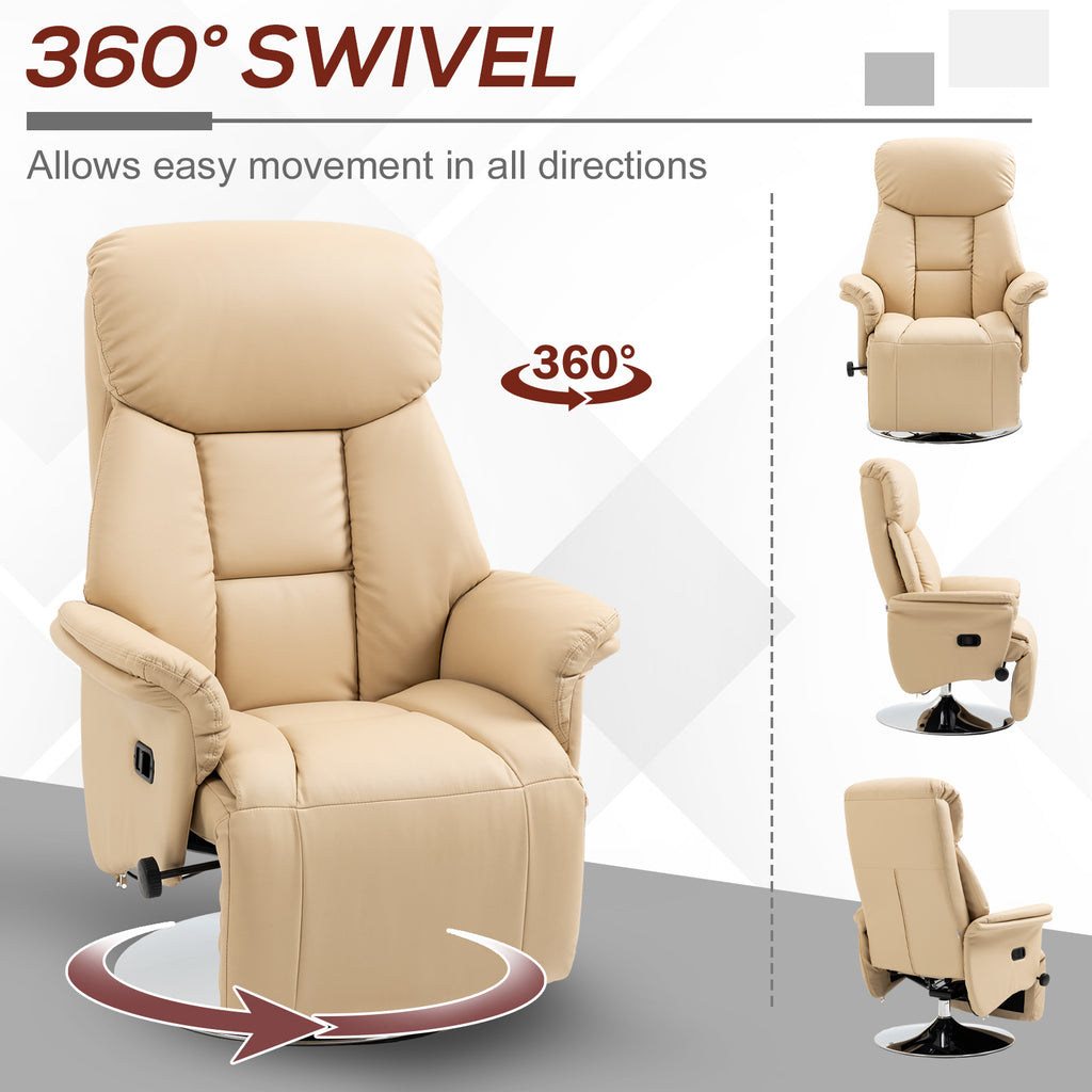 Adjustable Swivel Recliner, Manual Recliner Chair with Footrest, Padded Arms, PU Leather Upholstery, Beige