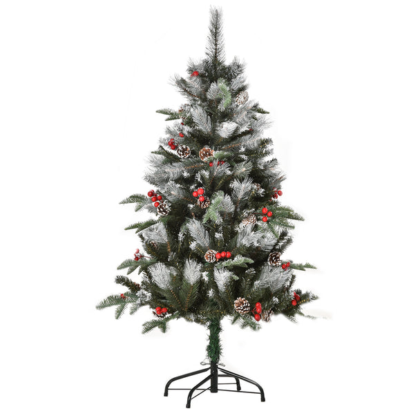 4ft snow-dipped green Christmas tree with red berries and white pine cones