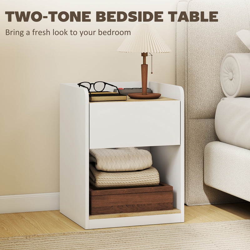 HOMCOM Modern Bedside Table, Slim Nightstand with Drawer, Shelf and Cable Holes, White and Oak – view 6