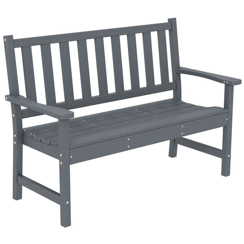 Outsunny 2 Seater Plastic Garden Bench, Outdoor Patio Bench with Armrest and Backrest, Weatherproof Outdoor Furniture