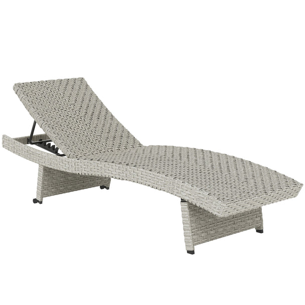 Grey folding rattan sun lounger with wheels and S-shaped curve