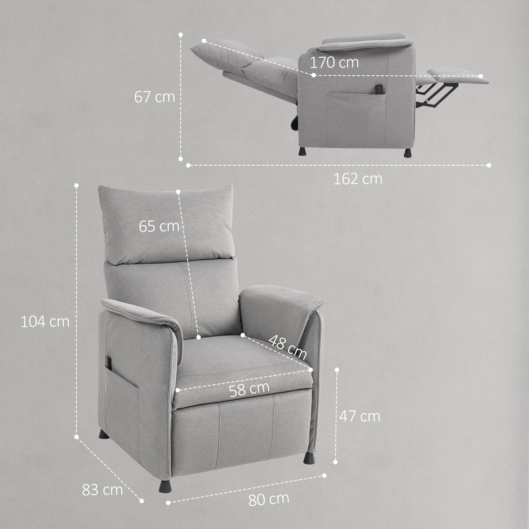 Power Recliner Chair, Reclining Chair with Remote, Pocket Springs, Silent Motor and Side Pockets, Grey