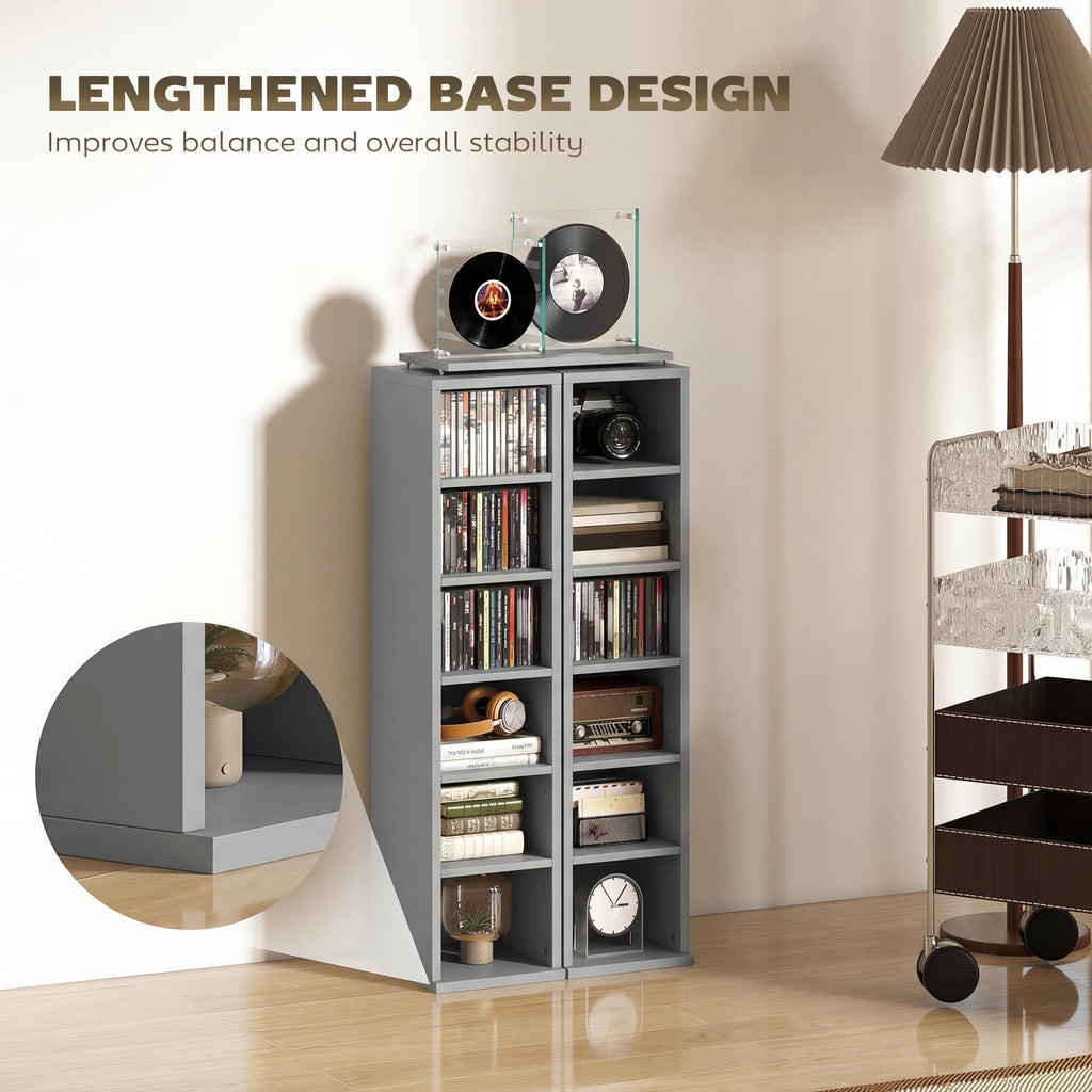 Set of 2 CD Media Display Shelf Unit Tower Rack with Adjustable Shelves, Light Grey