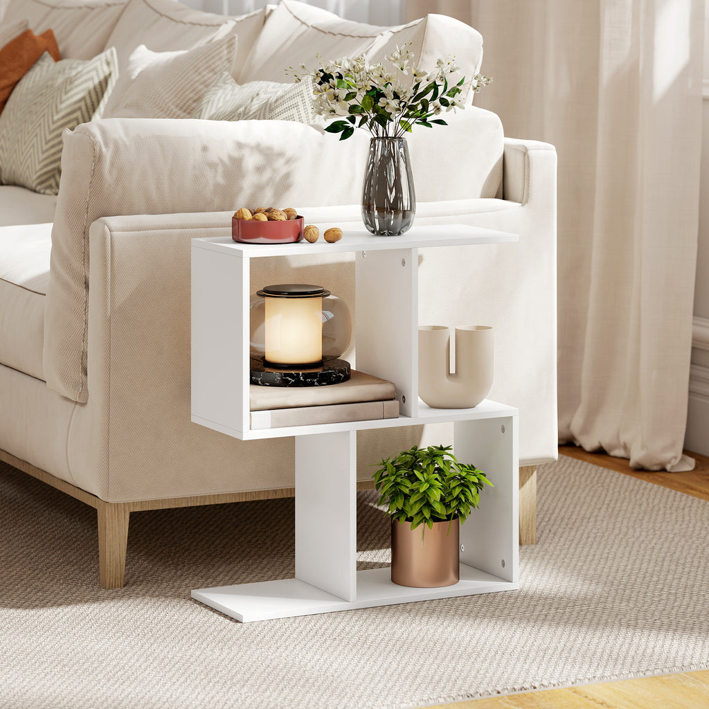 Side Table, Narrow End Table with Storage Shelves, S-Shaped, 3-Tier, 50W x 19.5D x 58H cm, White
