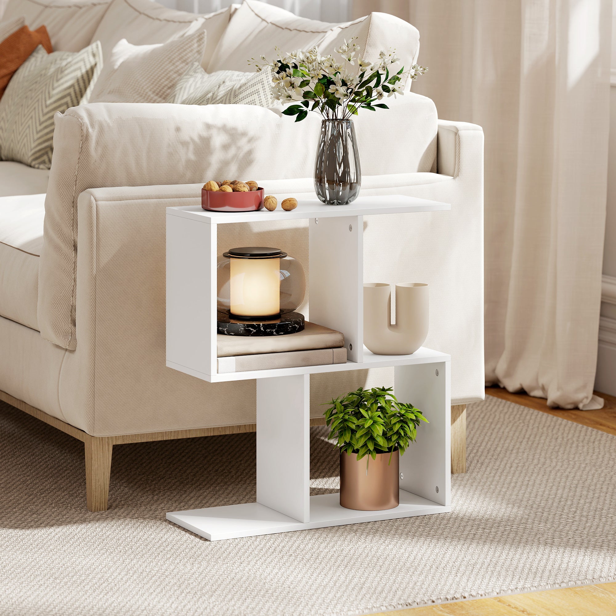 Side Table, Narrow End Table with Storage Shelves, S-Shaped, 3-Tier, 50W x 19.5D x 58H cm, White