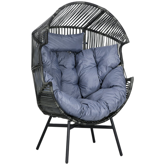 Grey and black string rattan egg chair with thick seat cushion and headrest